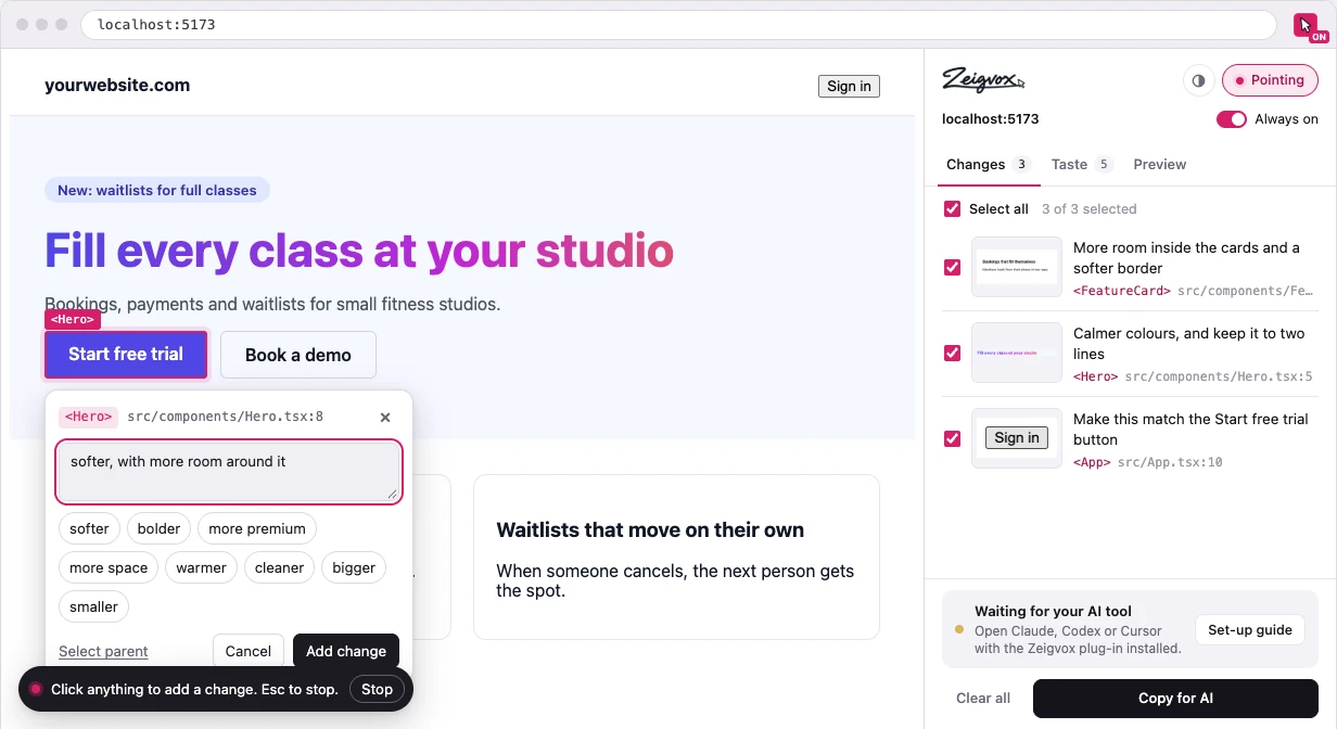 Zeigvox pointing at a button on a website, with a note that says softer, with more room around it
