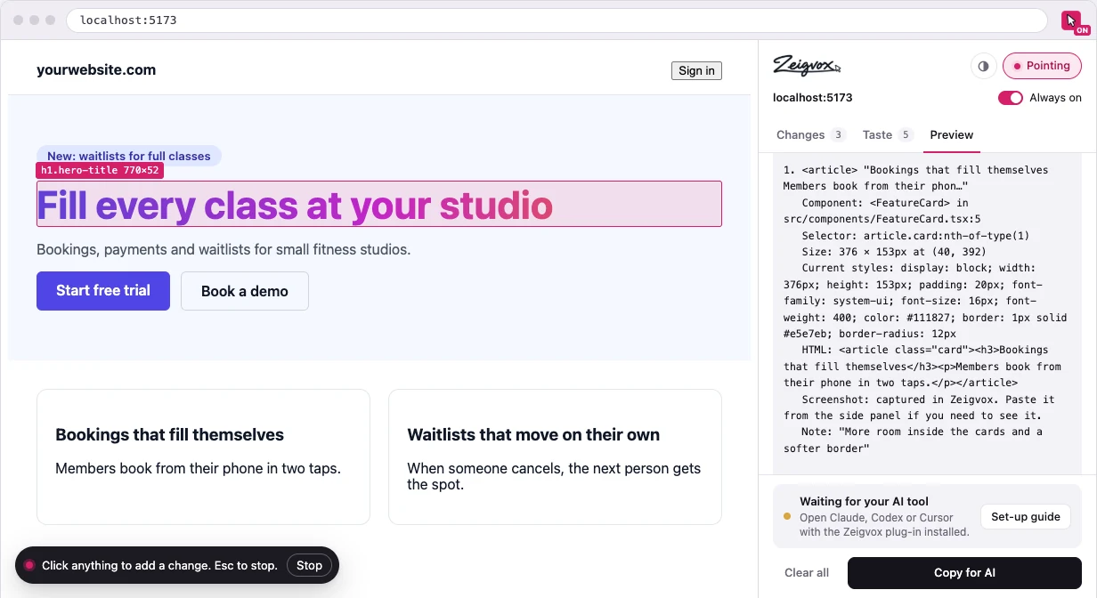The Zeigvox side panel showing the request it builds for your AI, with file, selector and styles for each change