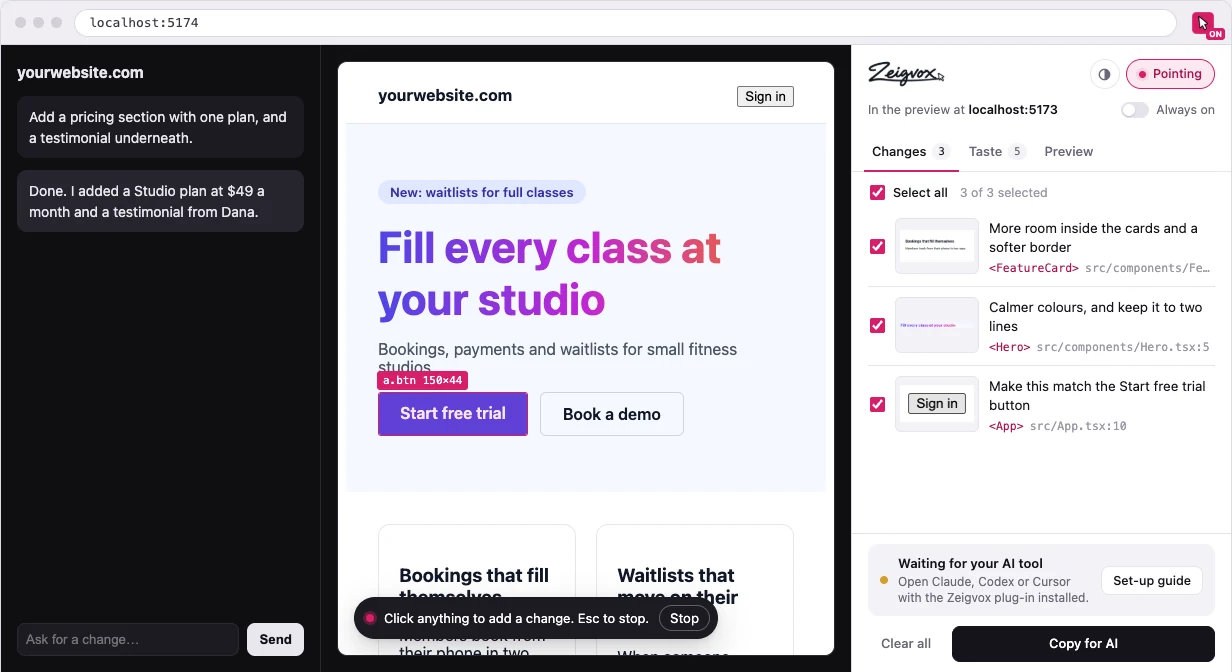 Zeigvox pointing at a button inside an AI builder's live preview