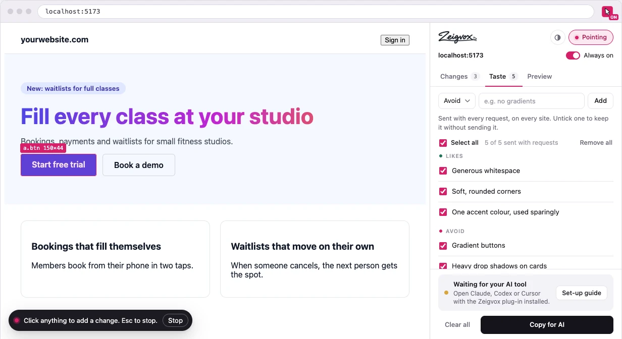 The Taste tab in Zeigvox listing likes such as generous whitespace, and things to avoid such as gradient buttons